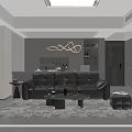 Modern Living Room With Black Leather Sofa Glass Coffee Table Geometric Pendant Light And Ottoman