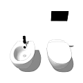 Two Modern White Bathroom Toilets With Faucet And Black Wall Panel