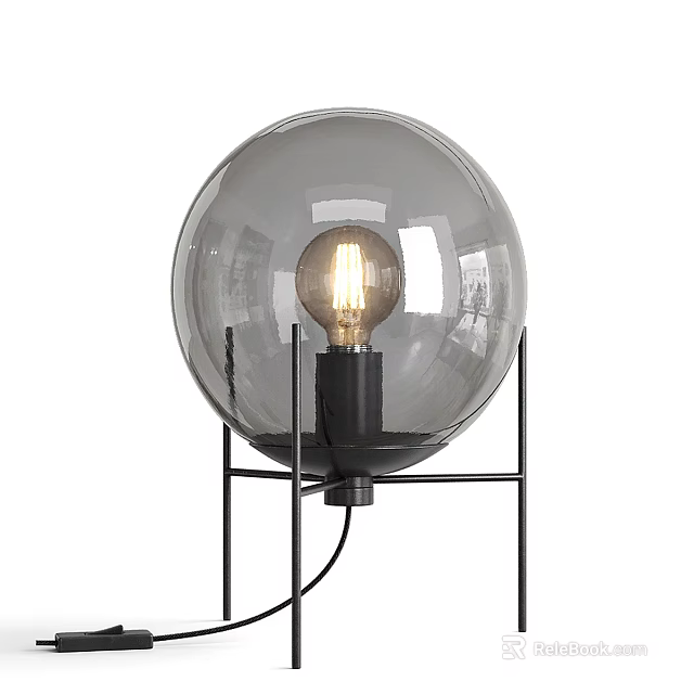 Modern Table Lamp With Transparent Glass Globe Black Metal Stand And Vintage Filament Bulb 3d model 