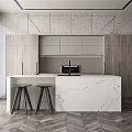 Modern Kitchen Interior With Wooden Cabinets Marble Island Countertop Black Stools Textured Wall Herringbone Floor