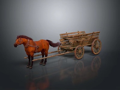 Brown Horse Pulling Wooden Wagon With Harness On Gray Background Surface 3d model