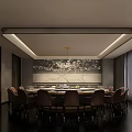 Spacious Private Dining Room With Round Dining Table Elegant Chairs And Modern Chandelier 3d model
