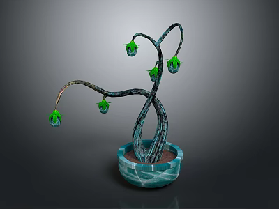 Cartoon Style Twisted Branch Plant With Green Decorative Ornaments In Blue And White Flower Pot 3d model