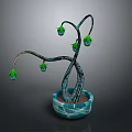Cartoon Style Twisted Branch Plant With Green Decorative Ornaments In Blue And White Flower Pot