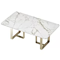 Modern Dining Table With White Marble Top And Gold Metal Legs Design