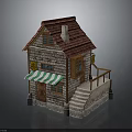 Small House Model With Red Tiled Roof Stone Walls Green Striped Awning And Wooden Door