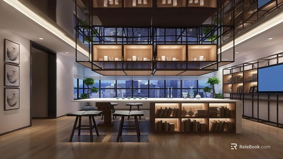 Modern Open Tea Room With Large Windows Bookshelves Bar Stools Green Plants And Pendant Lights 3d model 