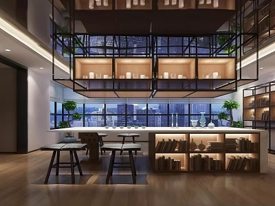 Modern Open Tea Room With Large Windows Bookshelves Bar Stools Green Plants And Pendant Lights 3d model