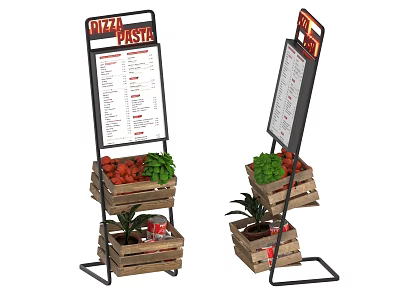 Pizza Pasta Menu Display Stand With Wooden Crates Fresh Fruits And Green Plants 3d model