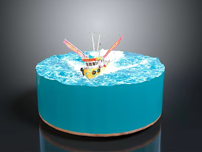 Blue Round Cake With Wave Decoration And Small Boat Flags On Top 3d model