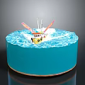 Blue Round Cake With Wave Decoration And Small Boat Flags On Top 3d model