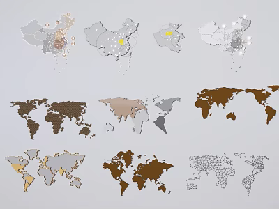 World Map Wall Decor Featuring China Map Designs in Different Color Styles 3d model