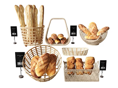 Fresh Assorted Bread Displayed in Woven Baskets with Baguettes Rolls and Black Tags 3d model