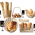 Fresh Assorted Bread Displayed in Woven Baskets with Baguettes Rolls and Black Tags