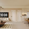 Modern Dining and Living Room Interior With Wooden Table Chairs Pendant Lights And Wall Art