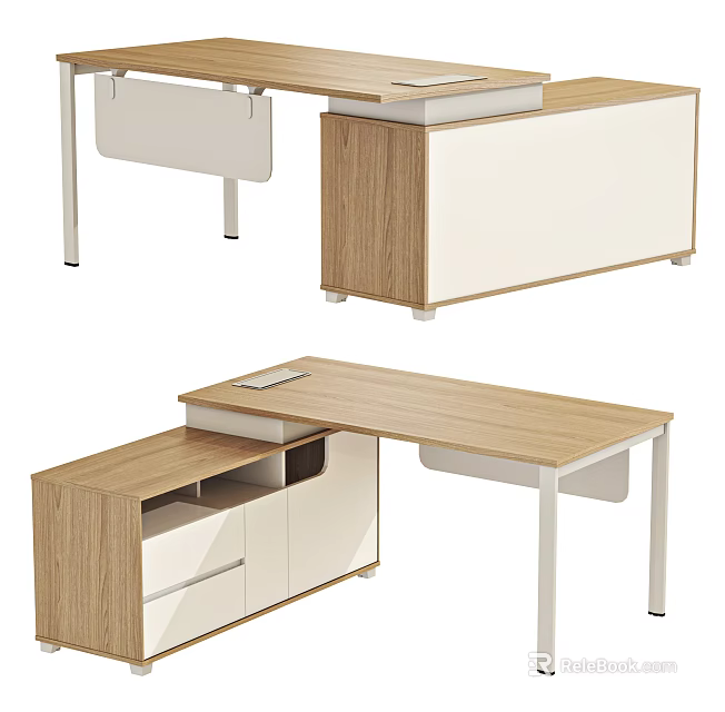 Modern Office Desk Wooden And White With Storage Cabinet Drawers And Open Shelf Design 3d model 
