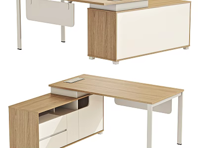 Modern Office Desk Wooden And White With Storage Cabinet Drawers And Open Shelf Design 3d model