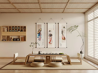 Japanese Style Tea Room Interior With Bamboo Ceiling Hanging Scrolls And Tatami Cushions 3d model