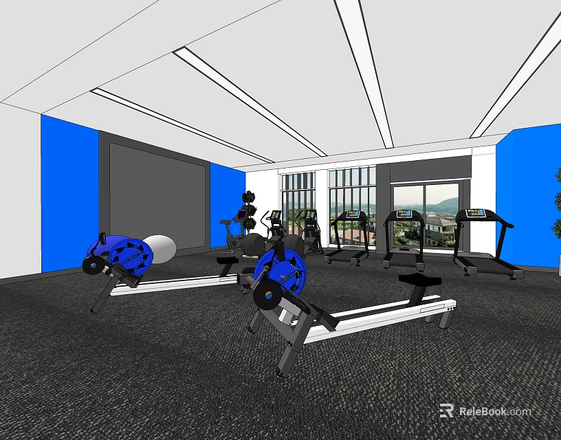 Modern Fitness Gym Interior With Rowing Machines Dumbbell Rack Blue Walls And Windows 3d model 