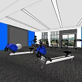 Modern Fitness Gym Interior With Rowing Machines Dumbbell Rack Blue Walls And Windows