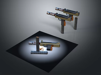 Three Mechanical Firearm Models Showcasing Barrel Magazine and Assembled Components 3d model