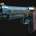 Ornate Blue And Gold Decorative Pistol With Intricate Patterns On Purple Grip