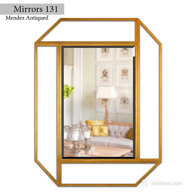 Gold Framed Mirror Reflecting Living Room Interior With Sofa And Table Lamp 3d model 