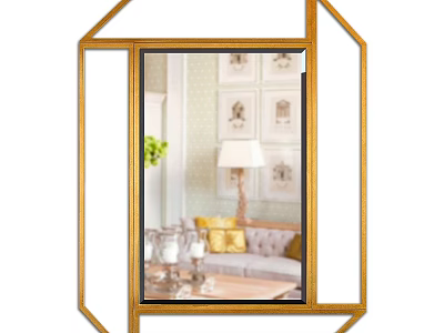 Gold Framed Mirror Reflecting Living Room Interior With Sofa And Table Lamp 3d model