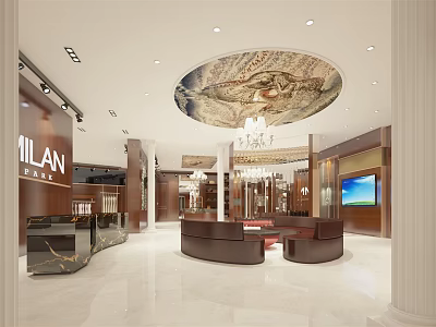 Modern Milan Clothing Store Interior With Circular Ceiling Art And Brown Sofas 3d model