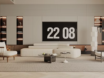 Modern Living Room Interior With TV Wall Sofa Rug Armchairs And Display Shelves 3d model