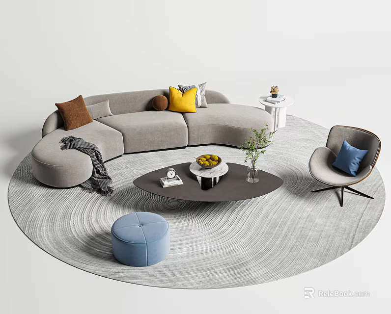Casual Gray L Shaped Sofa Set With Colorful Cushions Round Coffee Table Accent Chair 3d model 