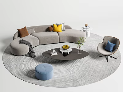 Casual Gray L Shaped Sofa Set With Colorful Cushions Round Coffee Table Accent Chair 3d model