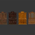 Four Various Styles Wooden Cabinets With Classic Carvings And Lattice Details In Different Brown Tones