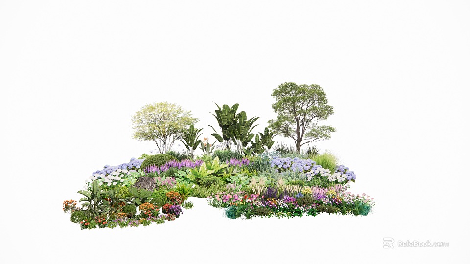 Colorful Garden Scene With Various Flowers Plants And Lush Green Trees 3d model 