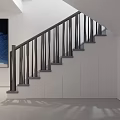 Modern Staircase Interior With Gray Steps Black Handrail White Walls Cabinets And Blue Abstract Painting