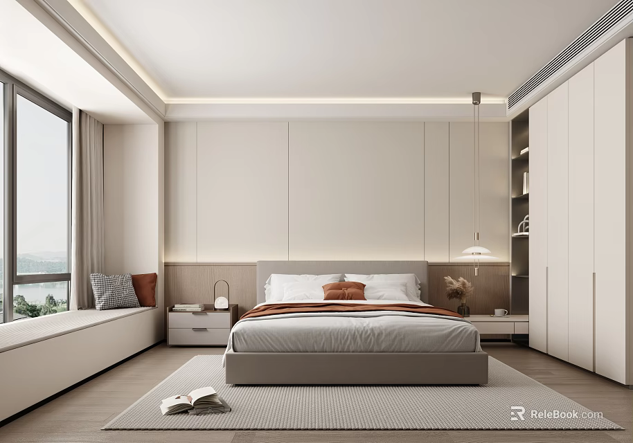 Modern Bedroom Interior Design With Large Bed Floor to Ceiling Window and Wardrobe 3d model 