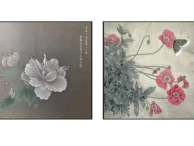 Botanical Paintings Featuring White Pink Flowers And Butterfly On Gray Background 3d model