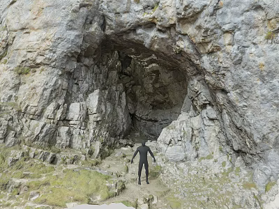 Scenic Mountain Landscape With Rocky Cliff Cave Entrance Person On Path And Green Vegetation 3d model