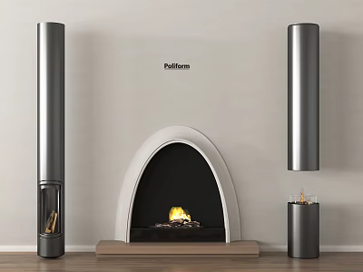 Modern Arched Fireplace Interior With Burning Flames Wooden Base And Cylindrical Decor 3d model