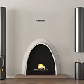 Modern Arched Fireplace Interior With Burning Flames Wooden Base And Cylindrical Decor