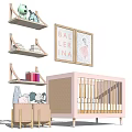 Pink Baby Crib with Shelves Toys Books and Ballerina Wall Art