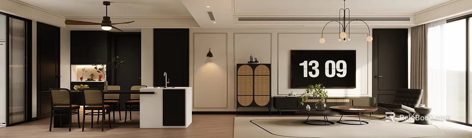 Modern Dining and Living Room Interior With Rattan Cabinet Pendant Light And Wooden Floor 3d model 