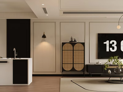 Modern Dining and Living Room Interior With Rattan Cabinet Pendant Light And Wooden Floor 3d model