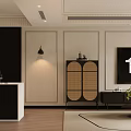 Modern Dining and Living Room Interior With Rattan Cabinet Pendant Light And Wooden Floor