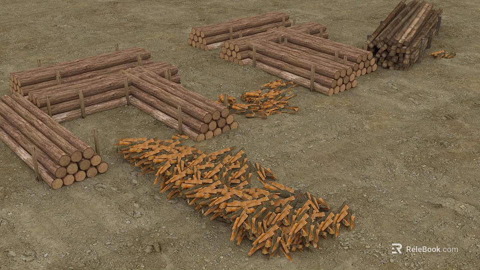 Stacked Stone And Wood Logs Piled On Ground For Construction Material 3d model 