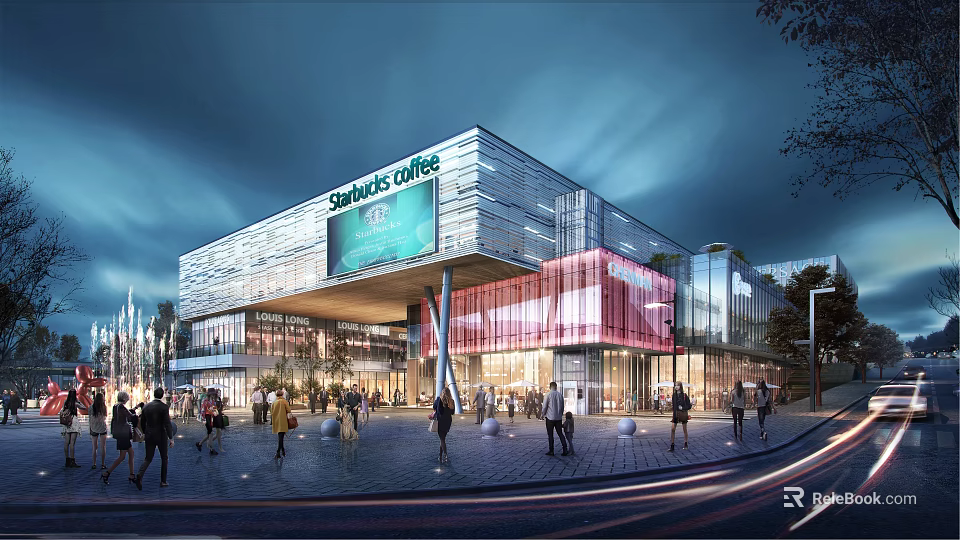 Modern Commercial Street With Shawols College Building Night View And Pedestrian Crowd 3d model 