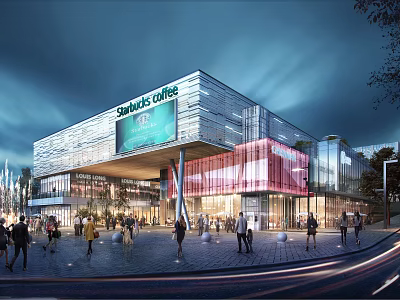Modern Commercial Street With Shawols College Building Night View And Pedestrian Crowd 3d model