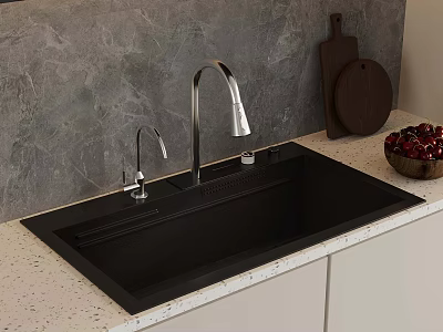Modern Black Kitchen Sink With Faucet Gray Marble Backsplash And Wooden Cutting Board 3d model