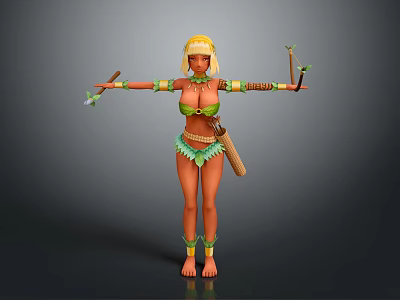 Tribal Female Character In Green Attire With Headpiece Arm Bands And Feather Decorated Tools 3d model