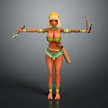 Tribal Female Character In Green Attire With Headpiece Arm Bands And Feather Decorated Tools